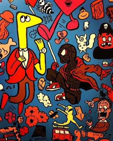 Wandgestaltung buntes Cartoon Motiv mit verschiedenen kreativen Figuren