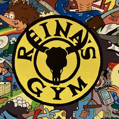 Wandgestaltung mit Logodesign Reinas Gym gelb schwarz mit Wimmelbild in Troisdorf