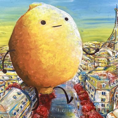 Acrylmalerei, überdimensionale gelbe Zitronenfigur mit Gesicht in Paris